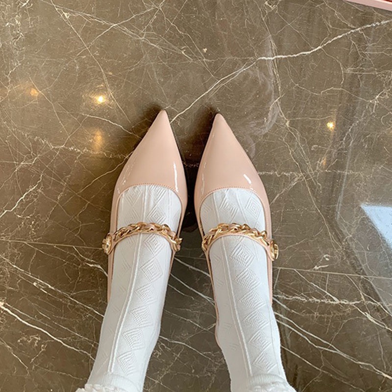 BẠCH LỘC ĐẠI NHÂN✨Xăng đan Cao Gót Mũi Nhọn Bằng Da Có Khóa Cài Vàng Kiểu Pháp Cho Nữ