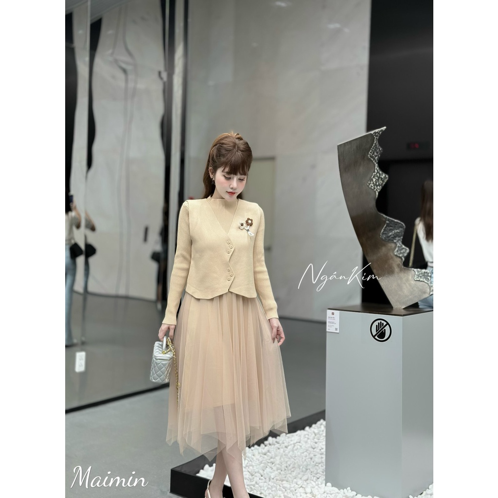 Set váy len chân voan áo gile hoa nhỏ hàng QC