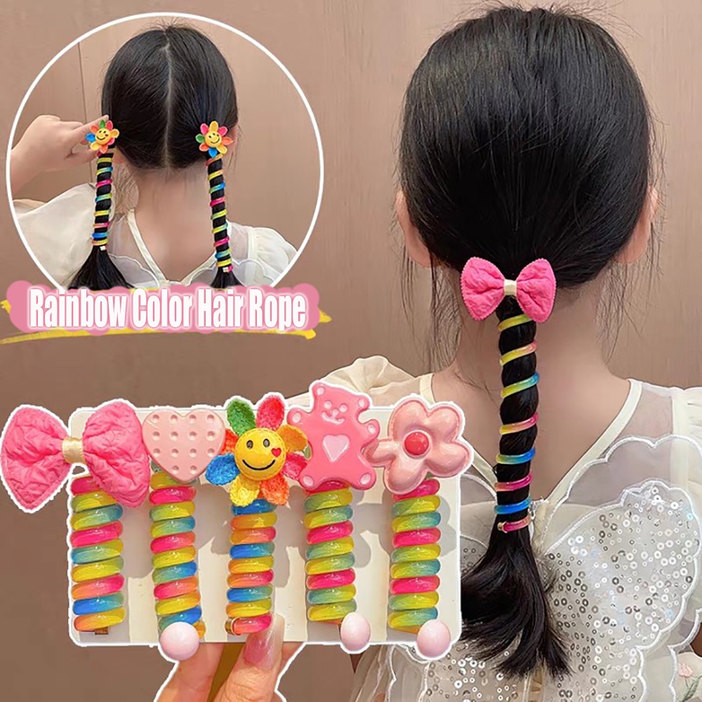 Set 2 Dây Cột Tóc Dạng Xoắn Đàn Hồi Gắn Hoa Màu Sắc Ngọt Ngào Cho Bé Gái