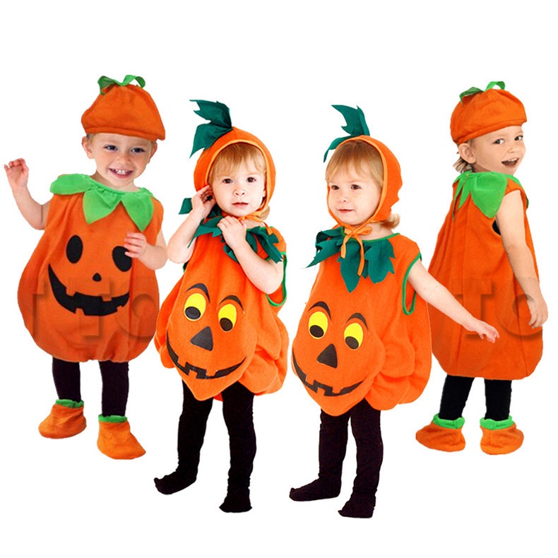 Set Đồ Hóa Trang halloween Hình Bí Ngô Bằng Vải Bông Màu Cam unisex Cho Bé