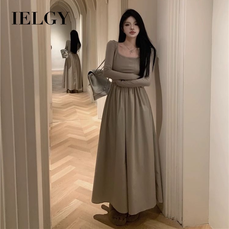 IELGY Đầm Midi Tay Dài Cổ Vuông Thời Trang Mùa Thu Cho Nữ