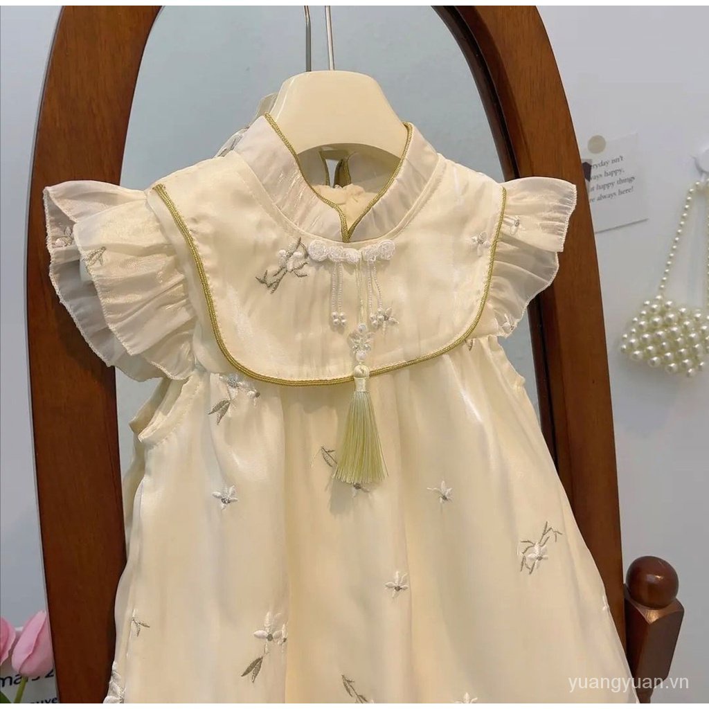 Đầm Sườn Xám Thêu Hoa Phong Cách Trung Hoa Cổ Điển Mẫu Mới 2023 Dành Cho Bé Gái
