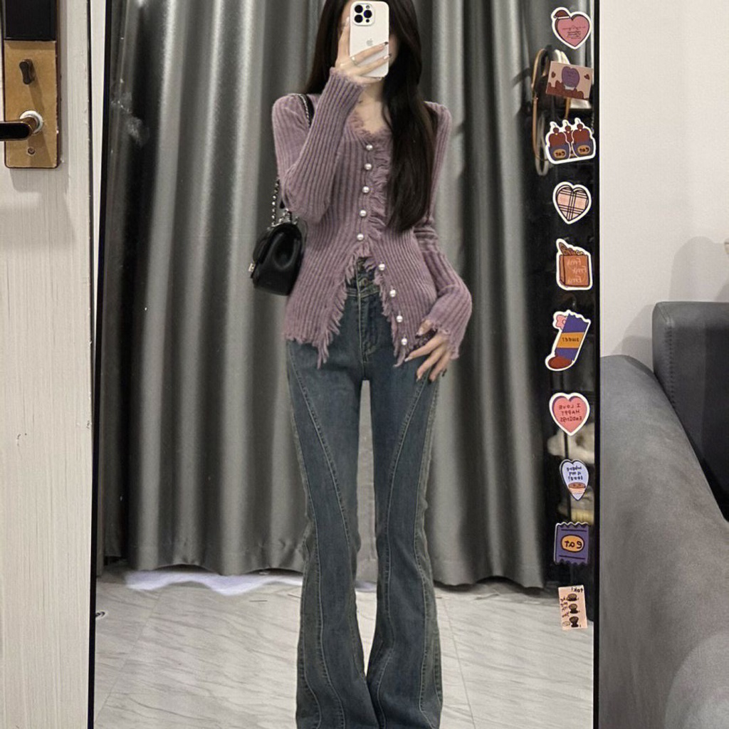 Áo Khoác cardigan Dệt Kim Cổ Chữ v Màu Tím Thời Trang Mùa Xuân Cho Nữ