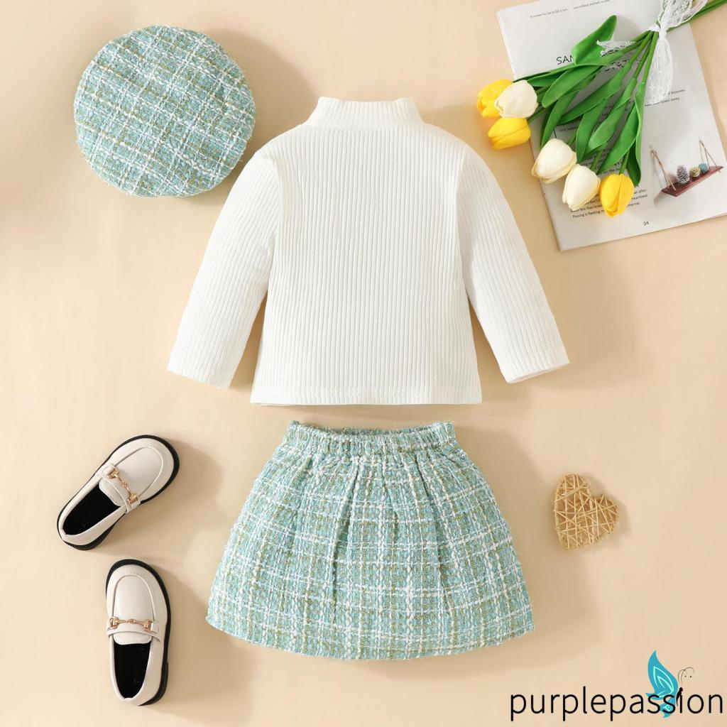 Purplepassion set Đồ 3 Món Gồm Áo Tay Dài Màu Trơn Có Gân Kẻ Sọc Caro Và Chân Váy Thời Trang Cho Bé Gái