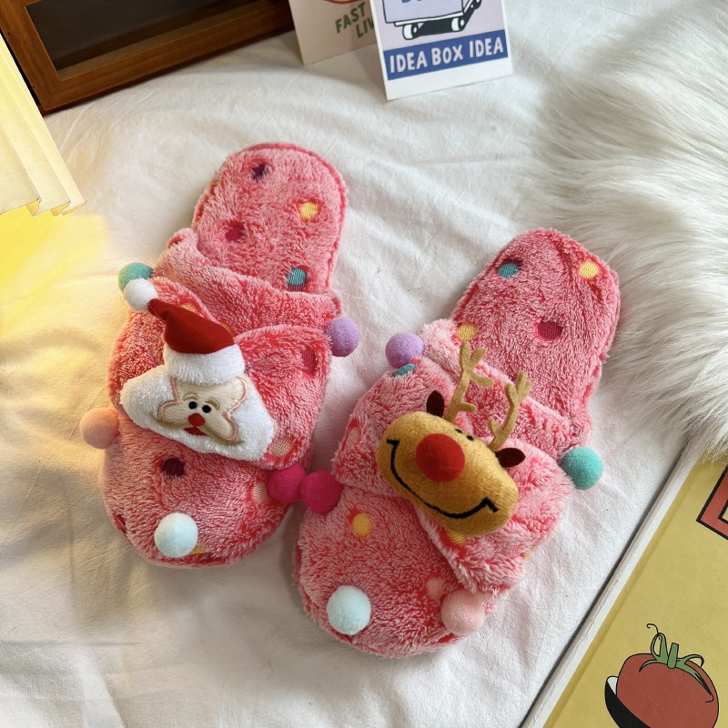 YAOLI Dép Bông Đi Trong Nhà Bằng cotton Phối Lông Thời Trang Giáng Sinh Dễ Thương Dành Cho Nữ Sinh Ký Túc Xá