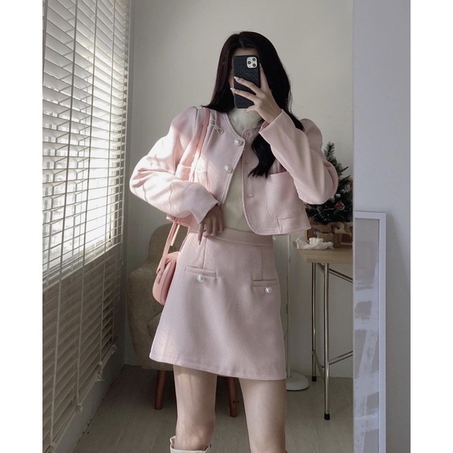 S35 Sét dạ tweed cổ tròn tặng kèm nơ ngọc , áo khoác dạ tay dài mic chân váy chữ A sukii.house