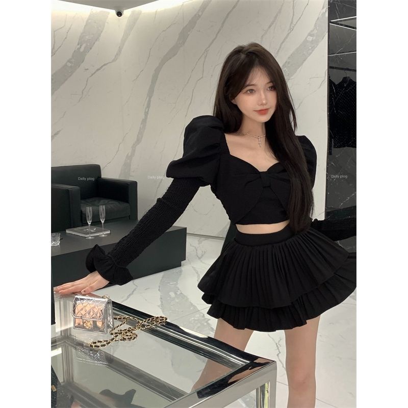Bộ Áo Sơ Mi Tay Dài Dáng Ôm + Chân Váy Xếp Ly Lưng Cao Thời Trang Mùa Thu Cho Nữ