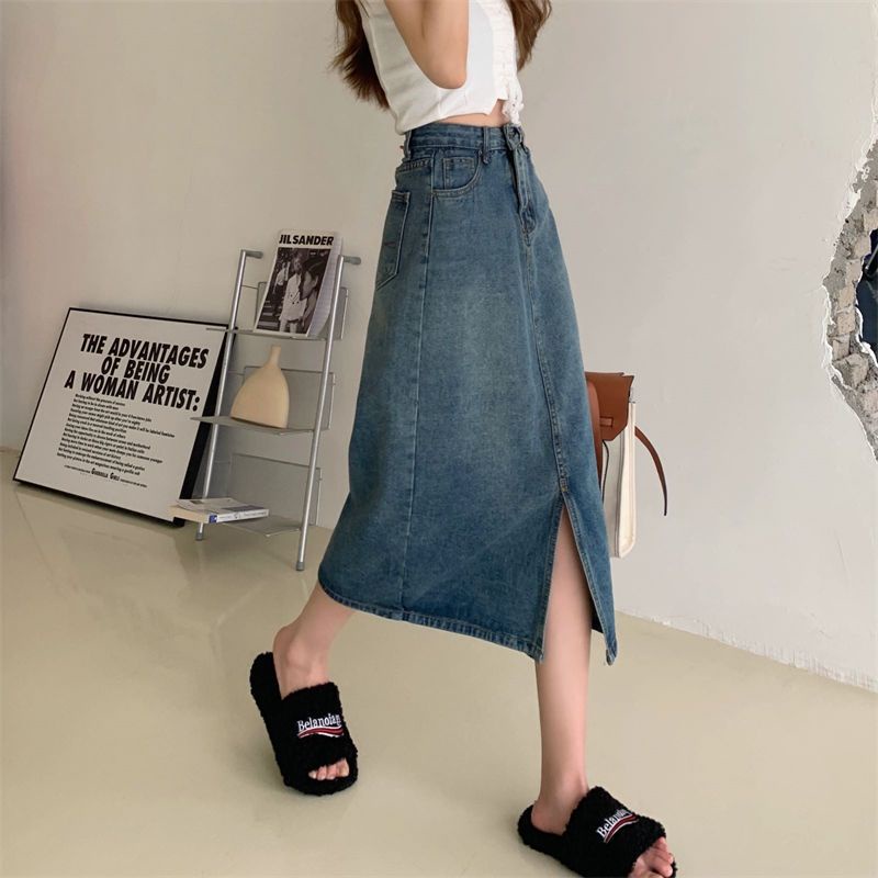 Cozok Chân váy jean Xẻ Tà Lưng Cao Vừa Thời Trang retro Đơn Giản