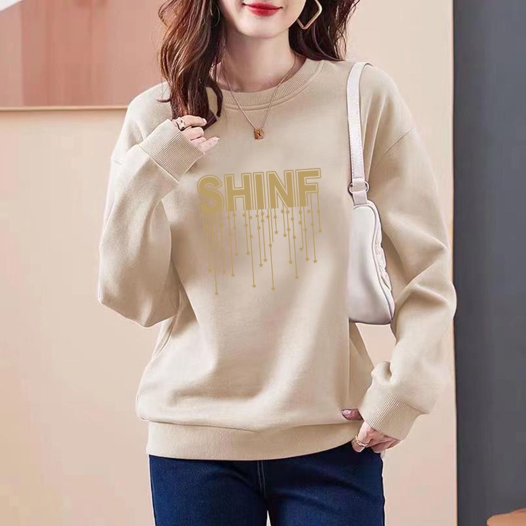 Áo sweater Cổ Tròn Tay Dài Dáng Rộng In Họa Tiết Đơn Giản Thời Trang Xuân Thu Hàn Quốc 2023 Cho Nữ