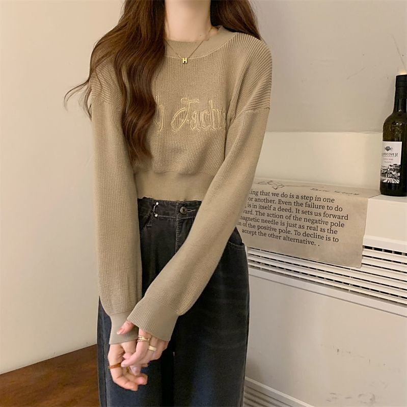 Áo sweater Tay Dài Cổ Tròn Eo Cao Thêu Chữ Thời Trang Xuân Thu Cho Nữ
