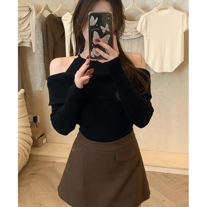 Áo Len Tay Dài Hở Vai Thời Trang Thu Đông Kiểu Mới Quyến Rũ Cho Nữ
