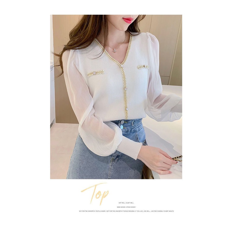 Áo Sơ Mi chiffon Dệt Kim Tay Dài Cổ Chữ v Thời Trang Mùa Thu Dành Cho Nữ