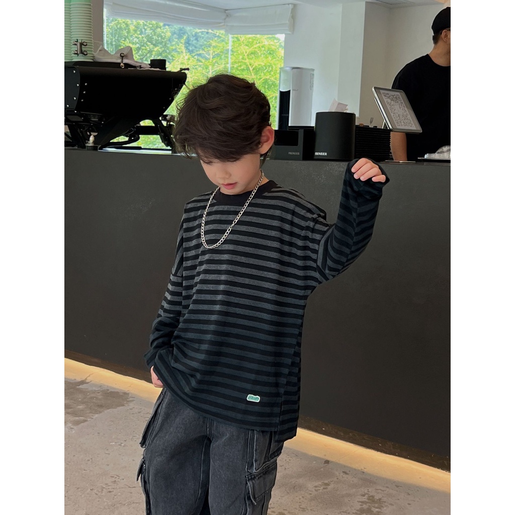 Áo thun dài tay cho bé trai AB784 size 90-140 sọc ngang tông đen xám, thời trang trẻ em thu đông 2023