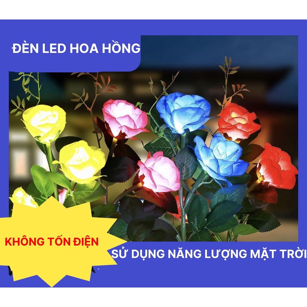 Đèn LED Hoa Hồng năng lượng mặt trời chống thấm nước trang trí sân vườn ban công decor ngoài trời
