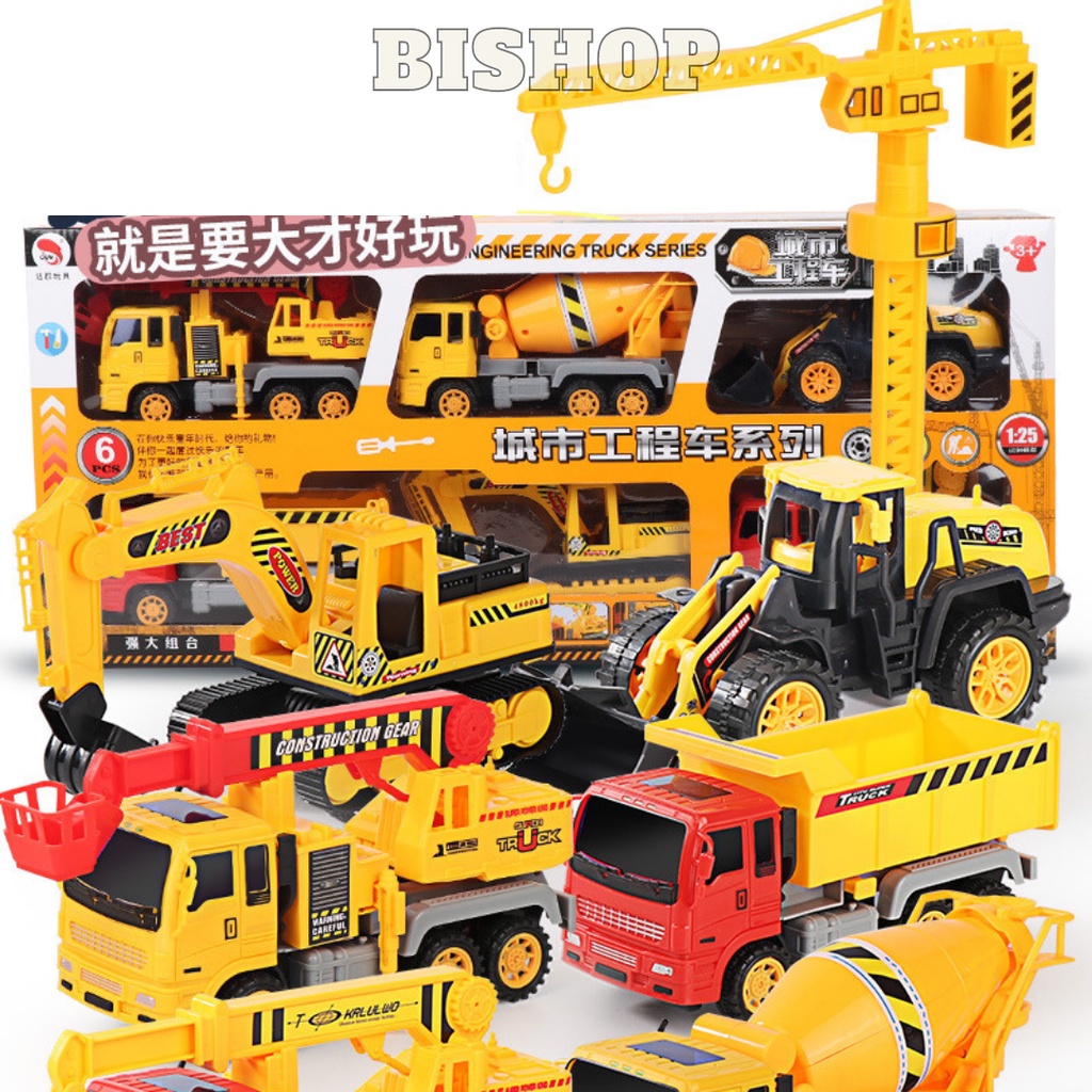 Xả hàng Đồ chơi ô tô mô hình set 6 xe tải công trình xây dựng cỡ lớn cho bé tặng kèm xe