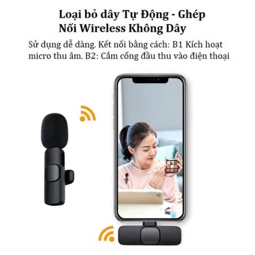 Micro thu âm không dây cài áo K9 GrownTech livestream ngăn Tiếng Ồn Khoảng Cách 20m isos android