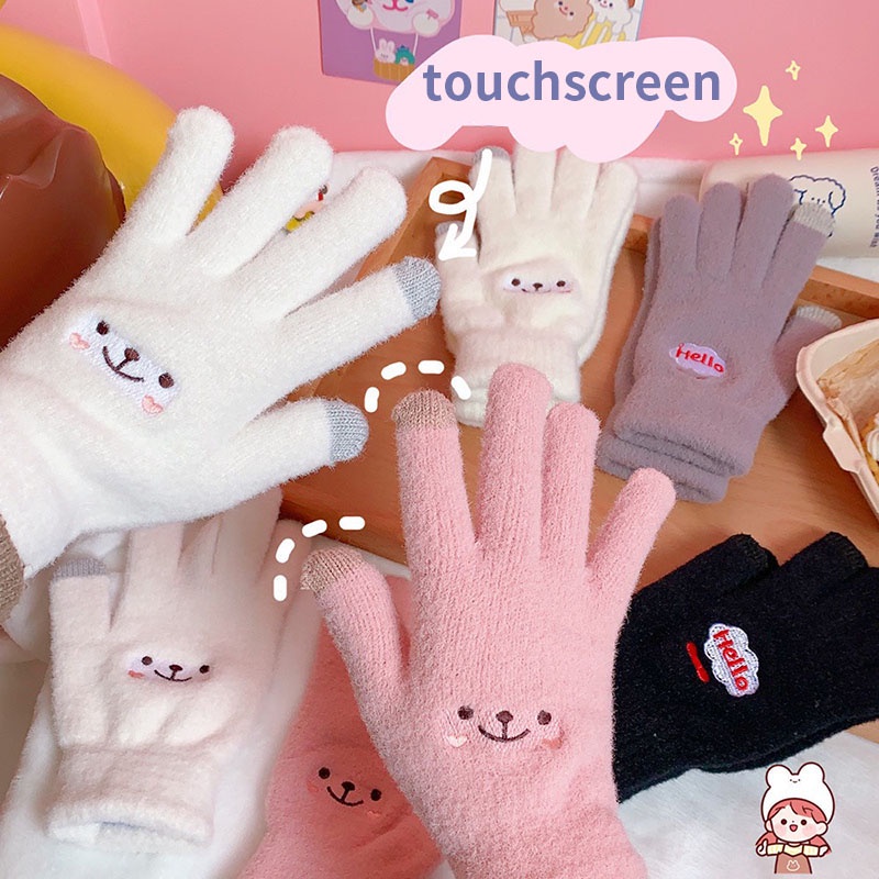 Găng Tay Lông Nhung Giữ Ấm Mùa Đông Thêu Hình Mặt Cười Dễ Thương Có Thể Chạm Màn Hình Cảm Ứng