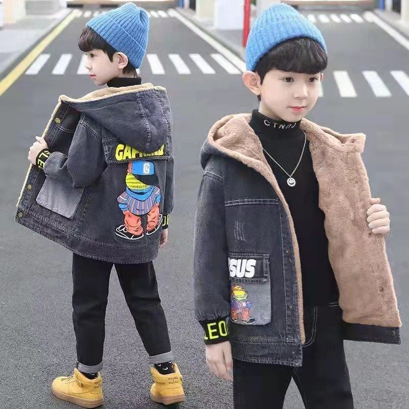 Áo Khoác denim Lót Nhung Dày Dặn Phong Cách Thời Trang Thu Đông Mới Cho Bé Trai