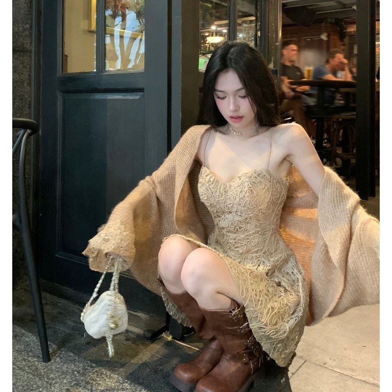 New sling lace dress soft waxy slimming sweater cardigan suit for girls dress long sleeve retro sweater two-piece suit