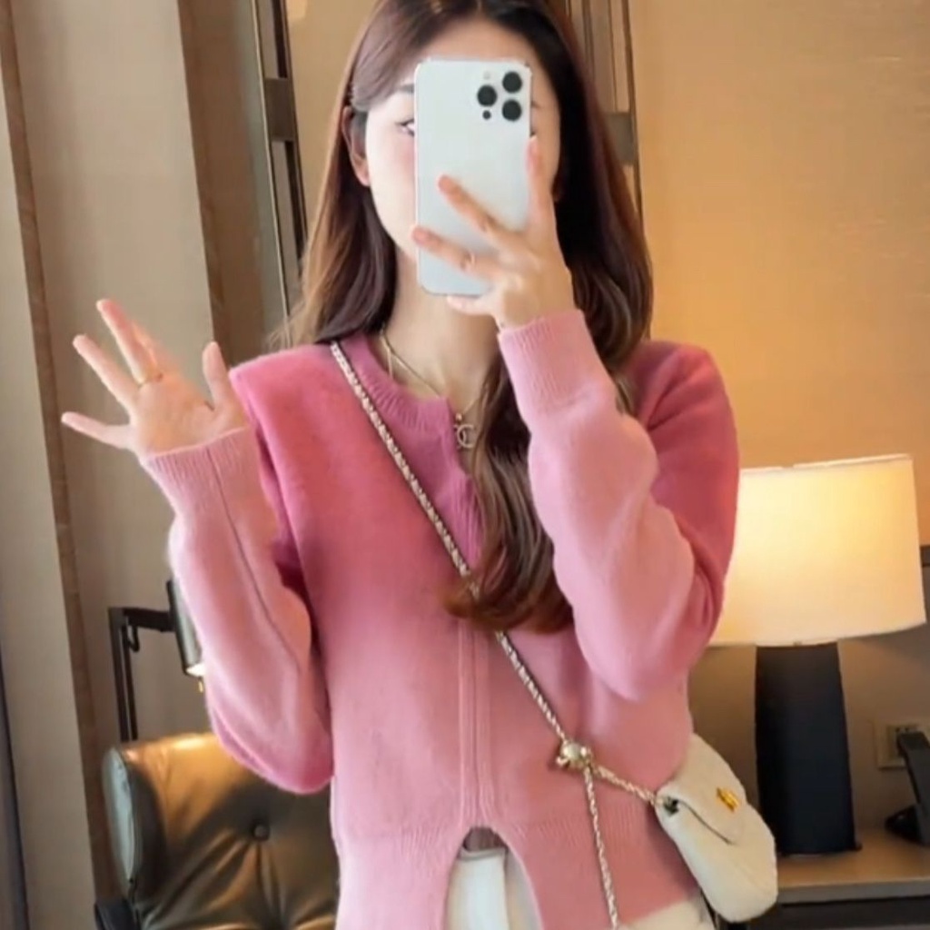 Mềm Áo sweater Dệt Kim Cổ v Màu gradient Phong Cách Phương Tây Thời Trang Thu Đông Cho Nữ