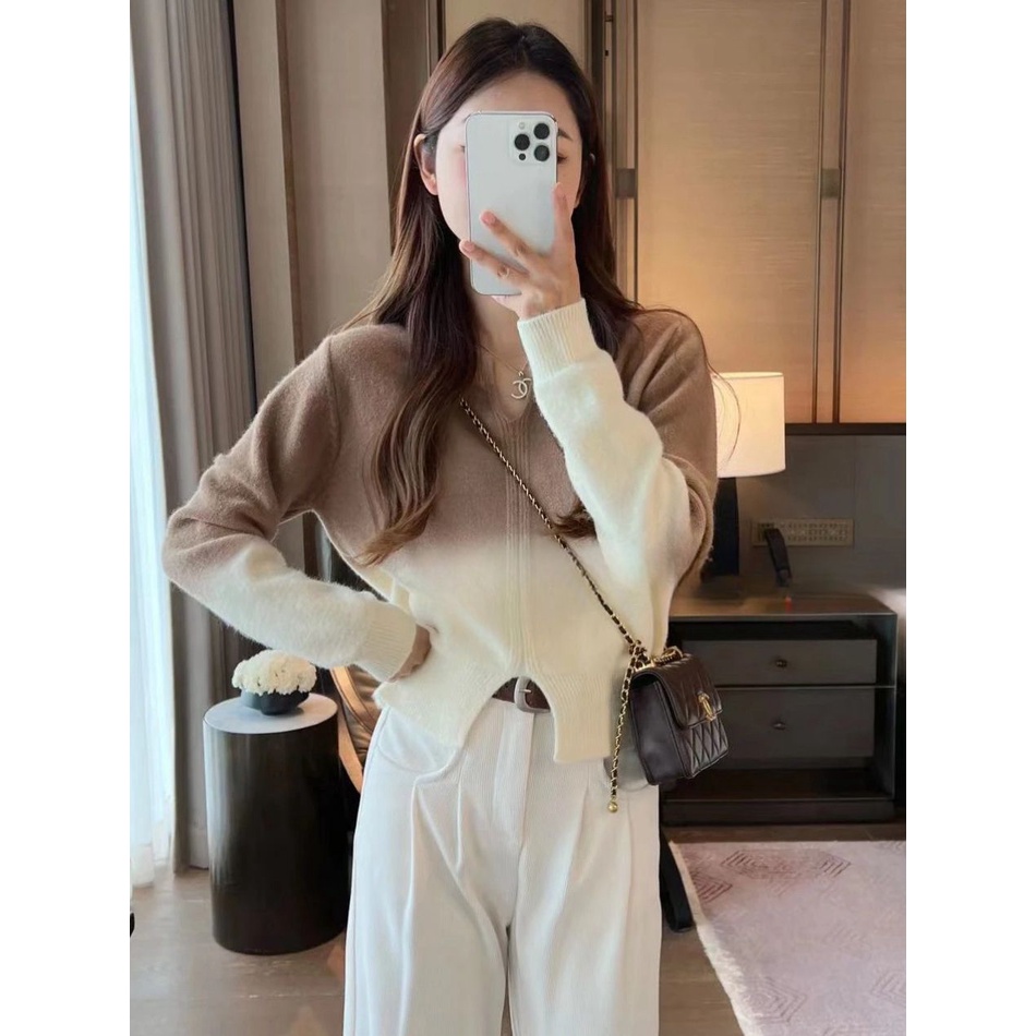 Mềm Áo sweater Dệt Kim Cổ v Màu gradient Phong Cách Phương Tây Thời Trang Thu Đông Cho Nữ