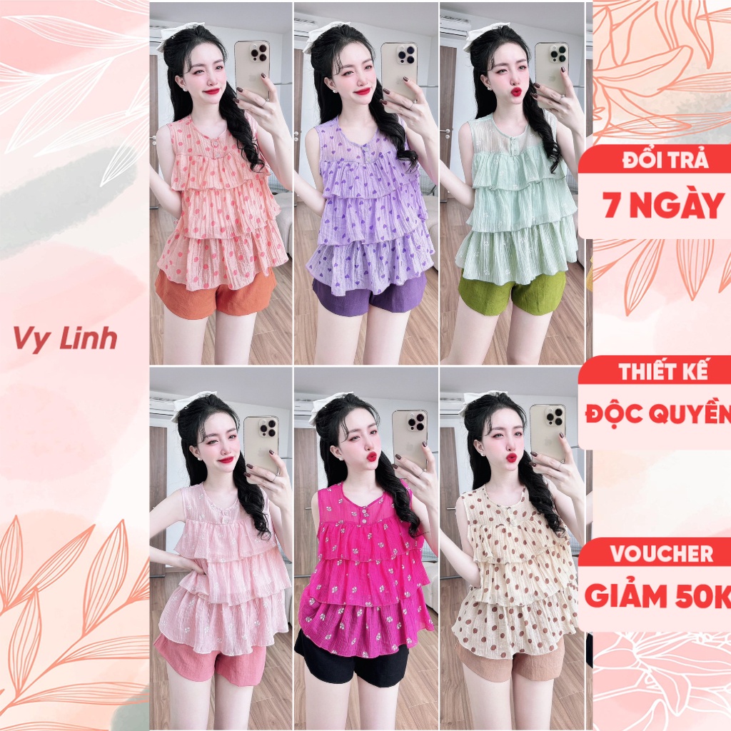 Bộ đồ ngủ áo tơ nhăn Vy Linh 3 tầng lót 2 lớp phối quần linen thoáng mát, thấm hút mồ hôi, không bai nhão, S1075
