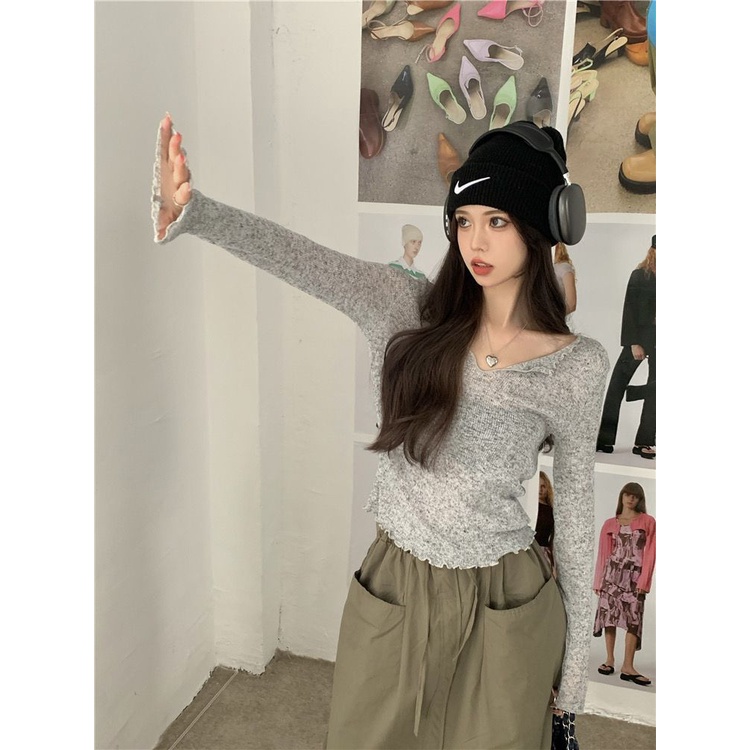 Áo Thun Tay Dài Cổ Chữ V Phối Ren Phong Cách Hàn Quốc Quyến Rũ Cho Nữ