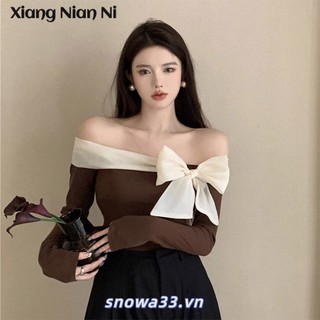 Xiang Nan Áo Thun Tay Dài Hở Một Bên Vai Dáng Ôm Thời Trang Xuân Thu Cho Nữ