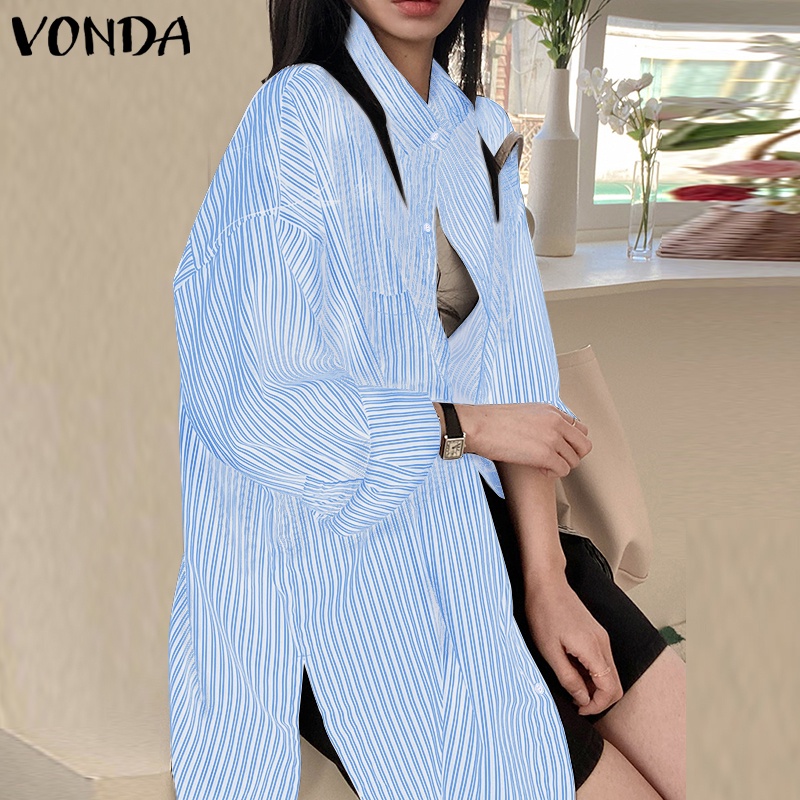 Áo Sơ Mi Tay Dài Hở Vai Kẻ Sọc Có Túi Trước Thời Trang Hàn Quốc Cho Nữ