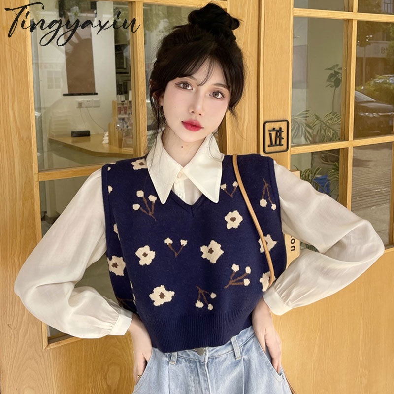 Áo sweater TING YA XIU dệt kim không tay cổ chữ V dáng rộng in hoa phong cách Nhật Bản thời trang xuân thu cho nữ