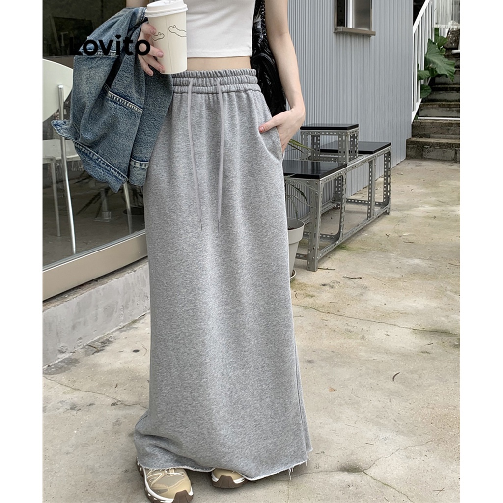Chân váy maxi Lovito kiểu chữ A eo thun phối túi màu trơn thương ngày cho nữ LNE09128 (Xám)