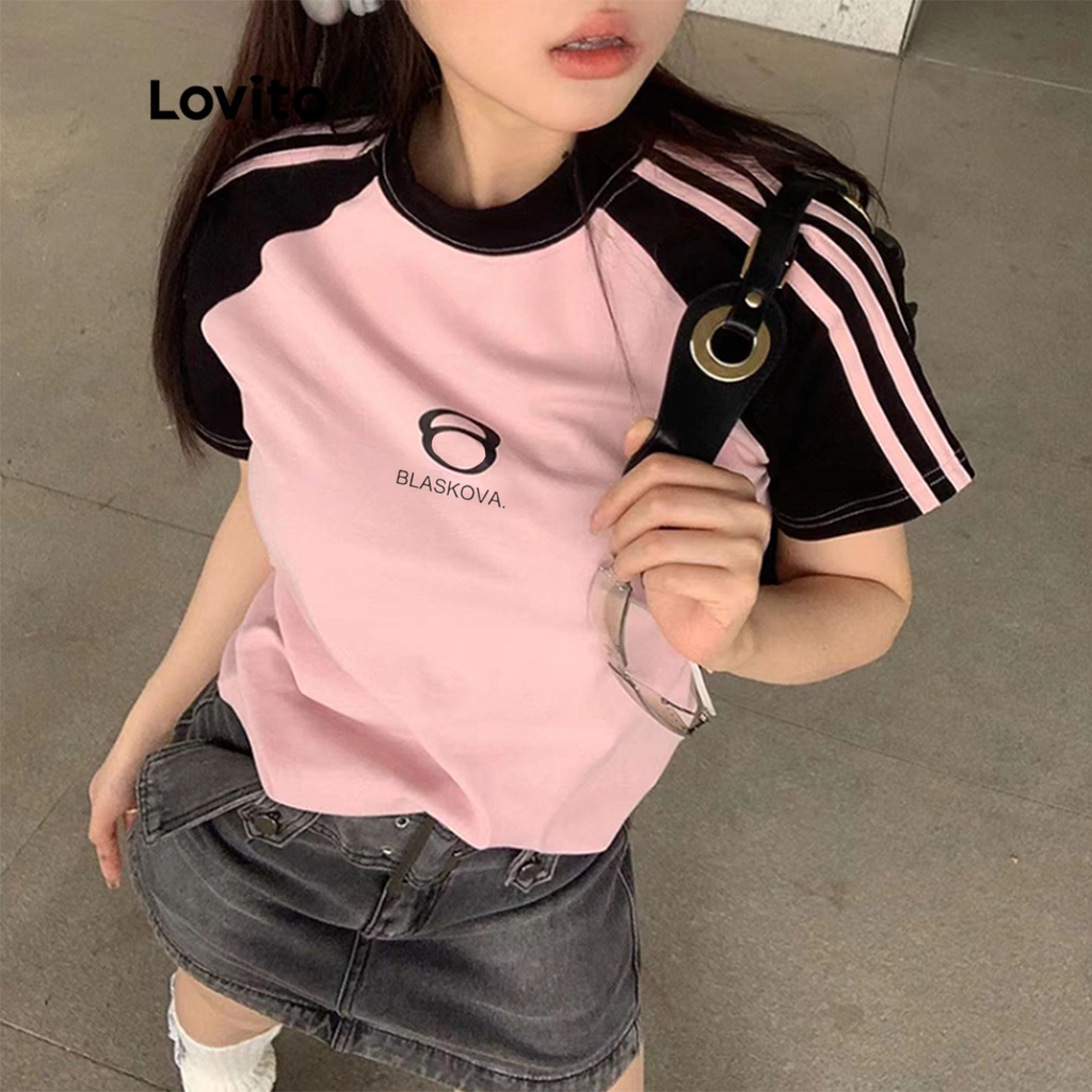 Áo thun kiểu bigsize baby tee Lovito họa tiết chữ ghép nối màu sắc viền tương phản thời trang cho nữ LNE13009 (Hồng)