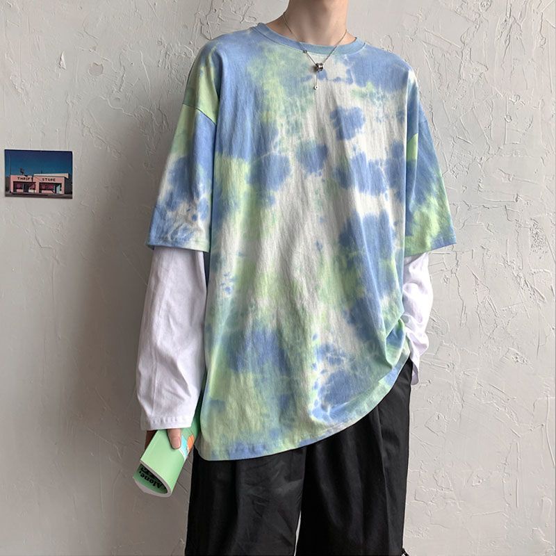 Áo Thun Cổ Tròn Nhuộm Màu Phong Cách hip hop Hàn Quốc Cá Tính Cho Nam