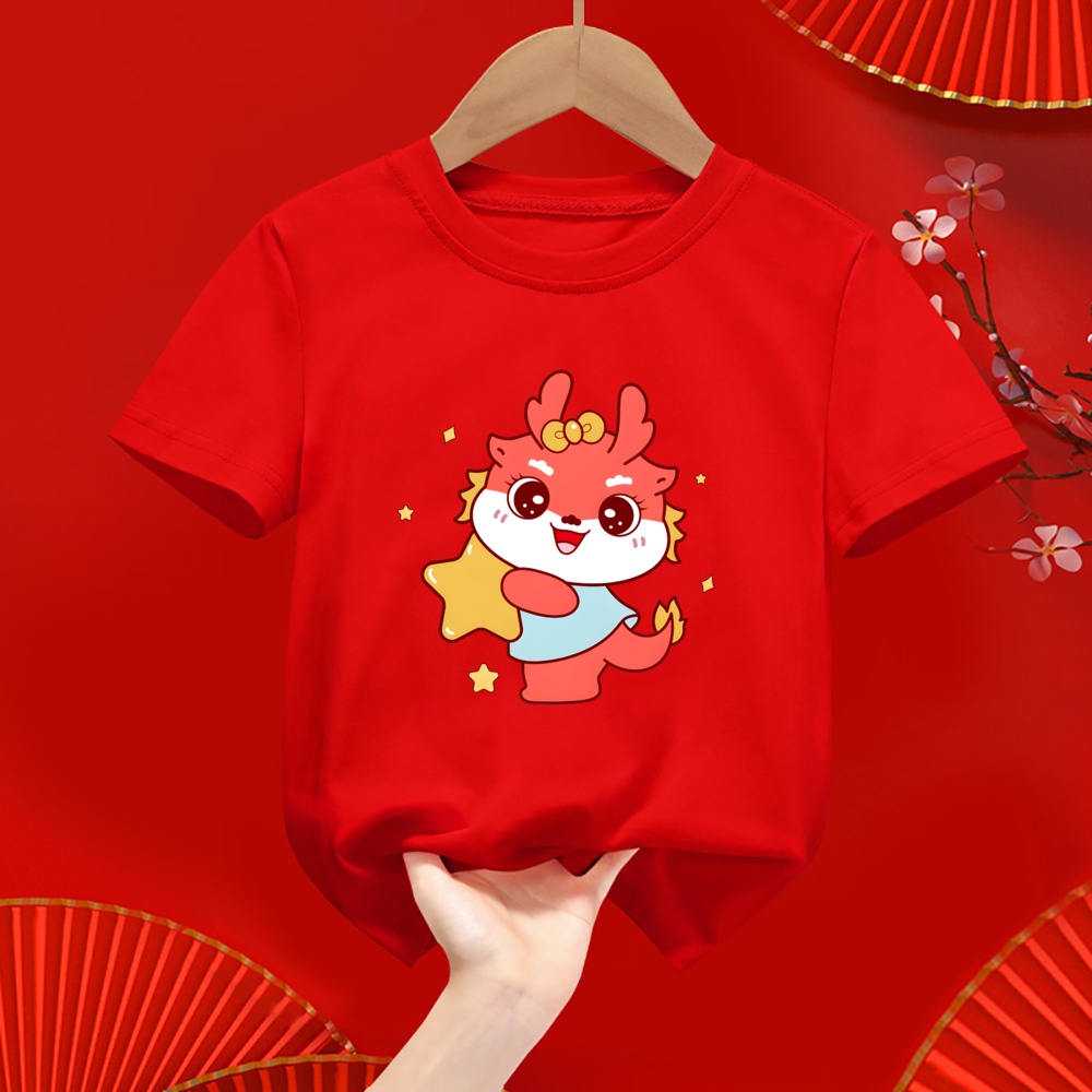 2024 Năm Rồng Áo Sơ Mi Bé Gái Bé Trai CNY Áo Thun 1-12 Tuổi Hoạt Hình Trẻ Em Áo Đỏ Thường Ngày Áo Sơ Mi Năm Mới