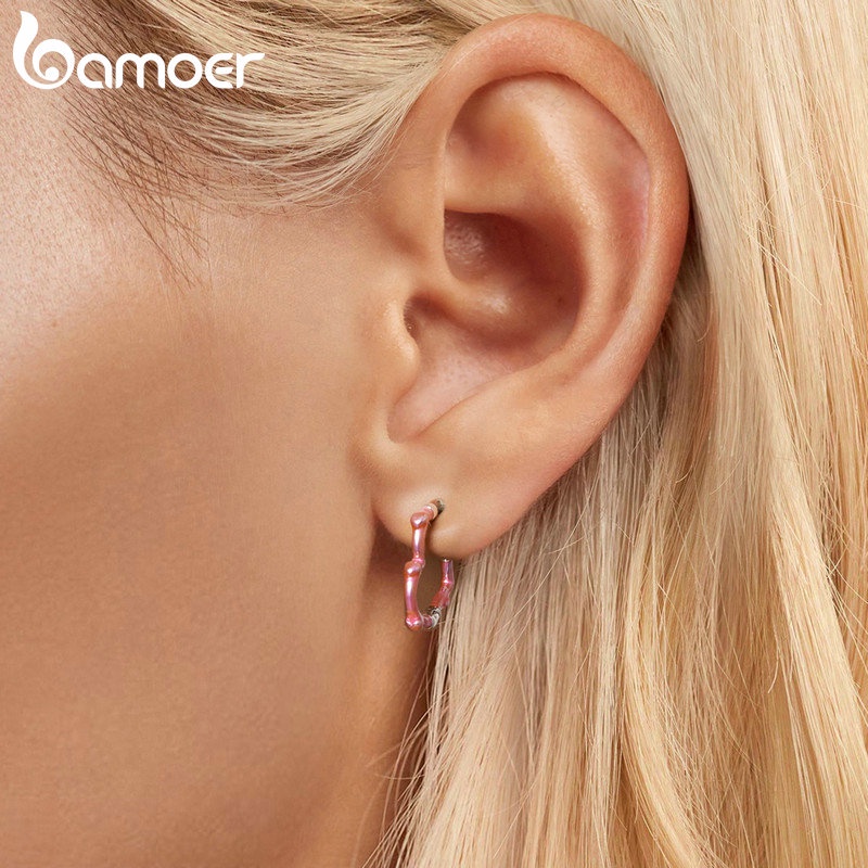 Bamoer Bông Tai Bạc sterling 925 Hình Trái Tim Màu Hồng