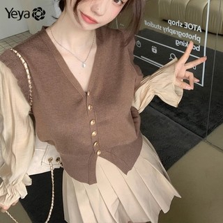 Áo Dệt Kim Tay Dài Cổ Chữ v Màu Sắc Tương Phản Thời Trang Thu Đông Dành Cho Nữ