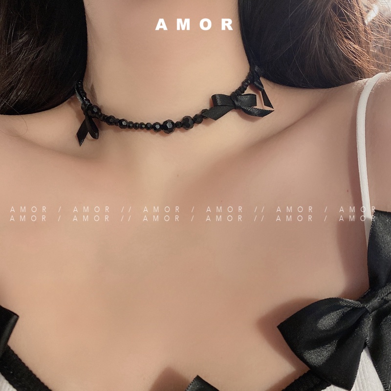 Đen choker Thắt Nơ Đính Pha Lê Phong Cách Hàn Quốc