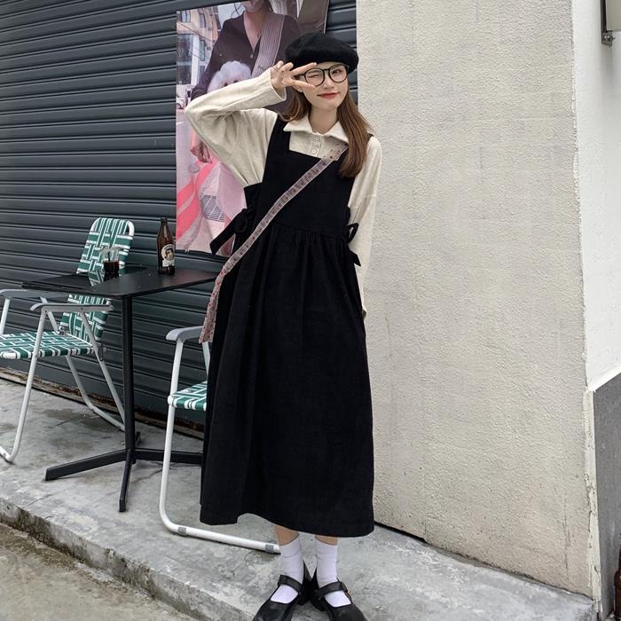 Váy yếm đầm Set Áo Sơ Mi Cổ Búp Bê + Đầm Yếm Dáng Rộng Thời Trang Mùa Thu Cho Nữ