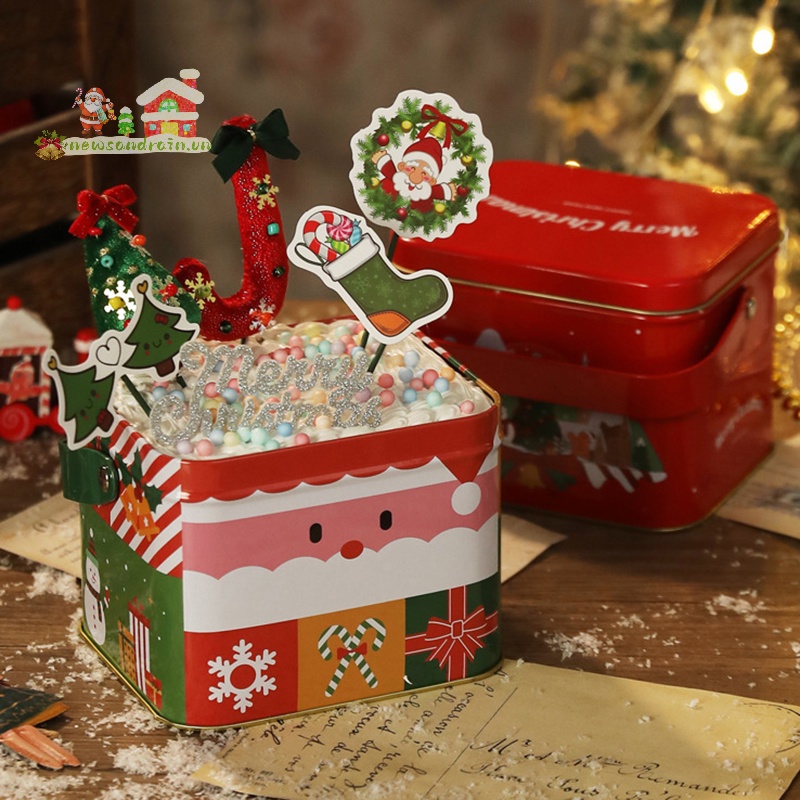 Newandrain Hộp Kim Loại Đựng Bánh Kẹo Hình Vuông Phong Cách Giáng Sinh