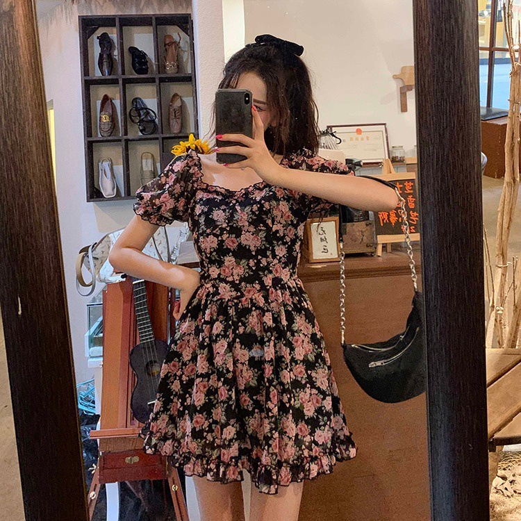 Mới Đầm Chữ a Xếp Ly Tay Phồng Cổ Vuông In Họa Tiết Hoa Phong Cách Pháp Thời Trang Mùa Hè Cho Nữ