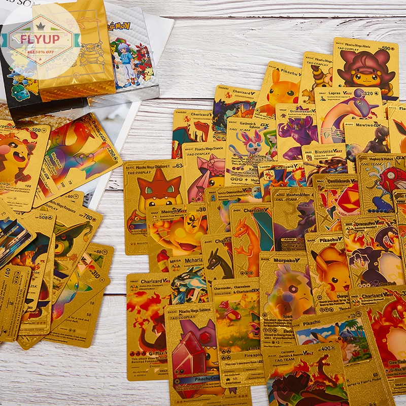 Hộp 55 Thẻ Bài pokemon Bằng Kim Loại Màu Vàng / Bạc vmax gx charizard