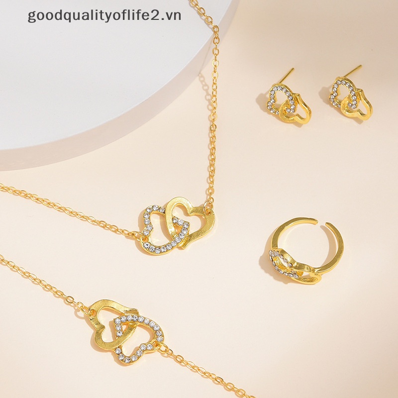 Set 5 Vòng cổ / Nhẫn / Bông Tai Hình Trái Tim Đôi Đính Kim Cương Giả Cho Nữ