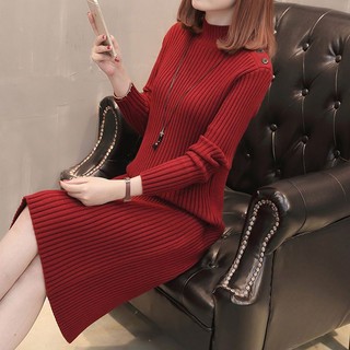 Đầm Len Tay Dài Cổ Cao Màu Sắc Đơn Giản Dành Cho Nữ