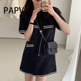 Đầm Vải Tuýt Cổ Tròn Tay Cộc Dáng Rộng Có Túi Trang Trí Tương Phản Sang Trọng 8042