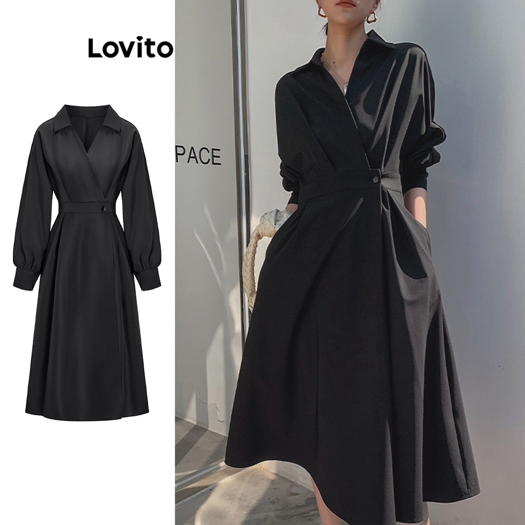 Đầm Lovito có túi tôn dáng màu trơn thanh lịch cho nữ L65ED174 (màu đen)