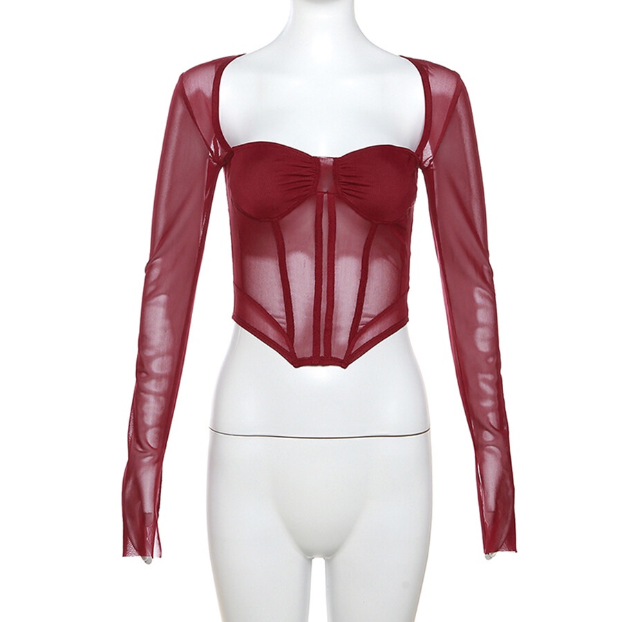 Weird Puss Áo Croptop Tay Dài Vải Lưới Xuyên Thấu Màu Đen Trơn Đơn Giản Quyến Rũ Thời Trang Cho Nữ