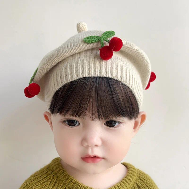 Mũ beret Dệt Kim Màu Trơn Giữ Ấm Mùa Thu Đông In Họa Tiết cherry Dễ Thương Phong Cách Hàn Quốc Cho Bé Gái Sơ Sinh