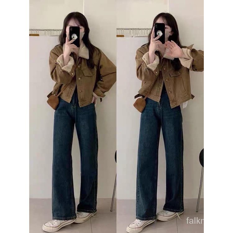 Áo Khoác denim Lót Lông Cừu Dày Dặn Dáng Ngắn Phong Cách Mới 2023 Thời Trang Mùa Đông Cho Nữ