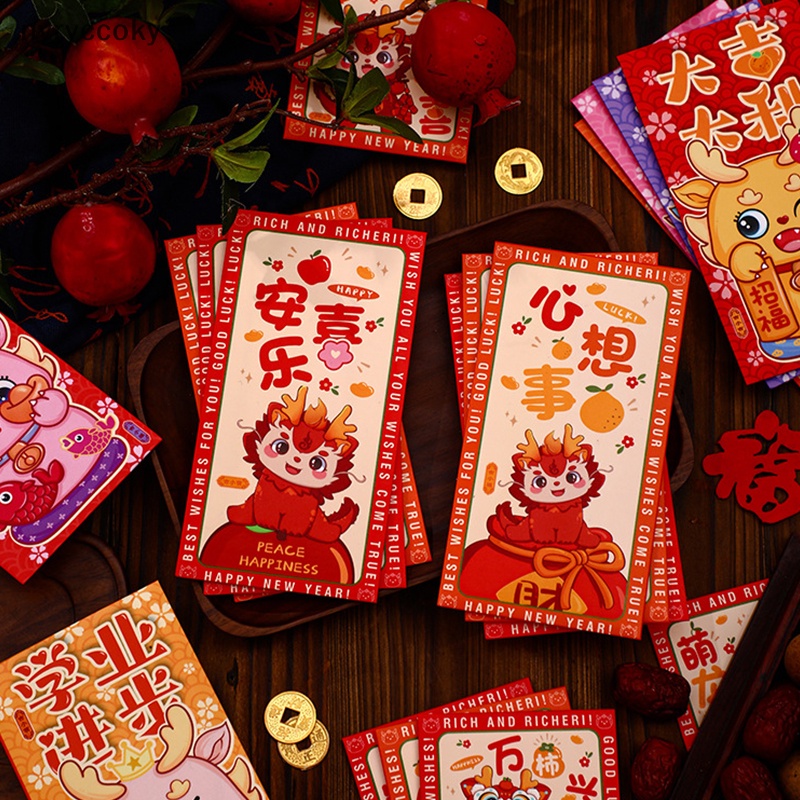 Set 6 Bao Lì Xì Năm Mới 2024 Họa Tiết Rồng May Mắn Màu Đỏ Phong Cách Trung Hoa