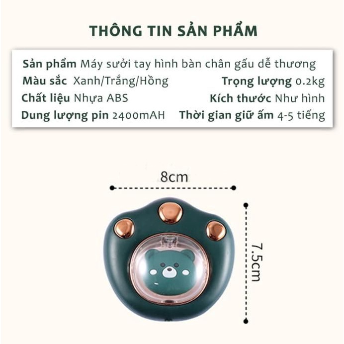 Máy sưởi mini cầm tay hình chân gấu,máy sưởi tay làm ấm nhanh,pin sạc 2400mAH nhỏ gọn bỏ túi siêu tiện lợi